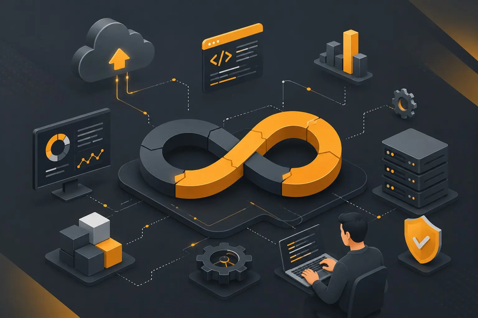Ilustração de consultoria DevOps com infraestrutura em nuvem, automação, servidores e monitoramento.