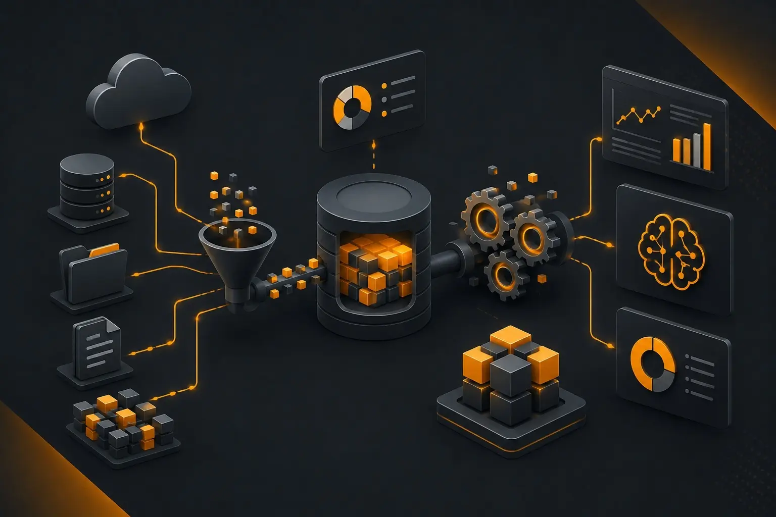 Ilustração de engenharia de dados mostrando coleta, processamento, armazenamento e uso de dados por inteligência artificial