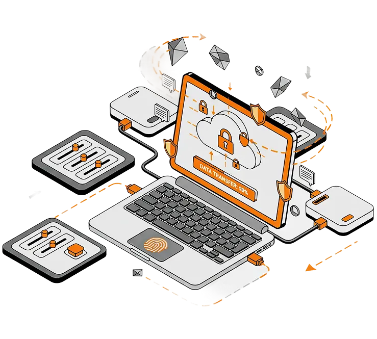 Ilustração de um notebook cheio de conexões e botões.