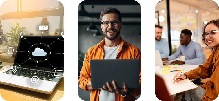 3 imagens: a primeira é um computador com conexões, a segunda é um homem com um notebook na mão e a terceira é 3 pessoas em uma reunião com papeis na mesa.
